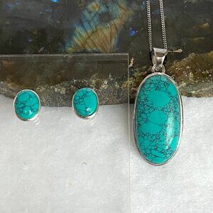 Sterling Silver 925 Oval Dyed Howlite Faux Turquoise Necklace & Earring Set